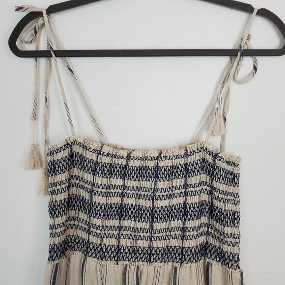 Madewell Jumpsuit Smocked Cami Linen Striped Summer Coastal Neutral Cream Gray - Picture 5 of 14